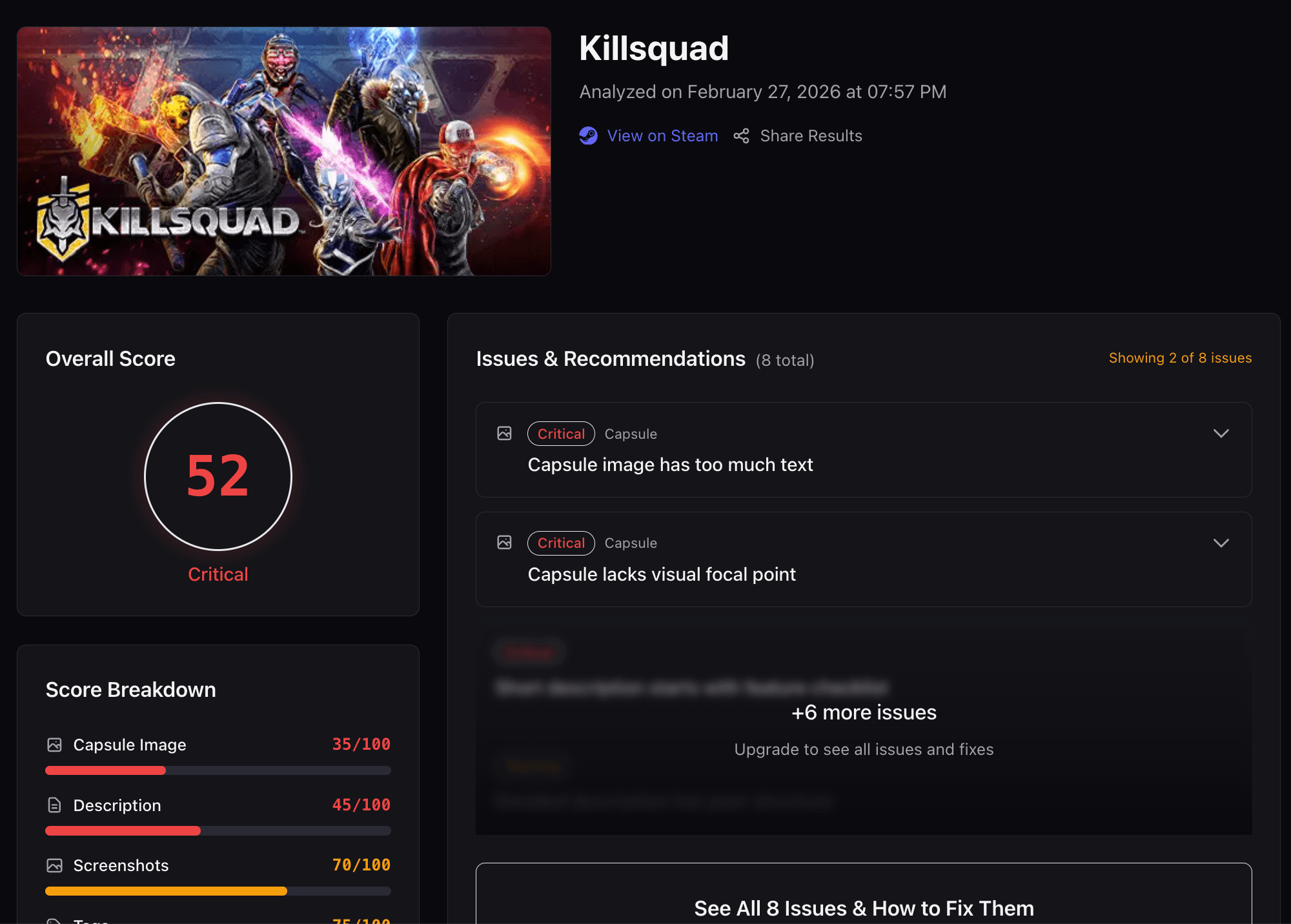 A Steam Page Analyzer report for Killsquad, scoring 52 out of 100